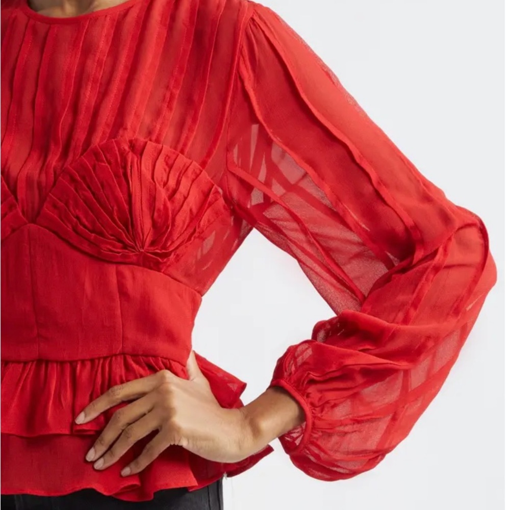 FARM Rio Bright Red Valentine’s Day Pleated Peplum Top Sz M NWT $198 - Picture 3 of 11